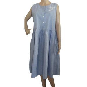 Chandri Sz Medium Long Blue Chambray Sleeveless Midi Dress m embroidered floral